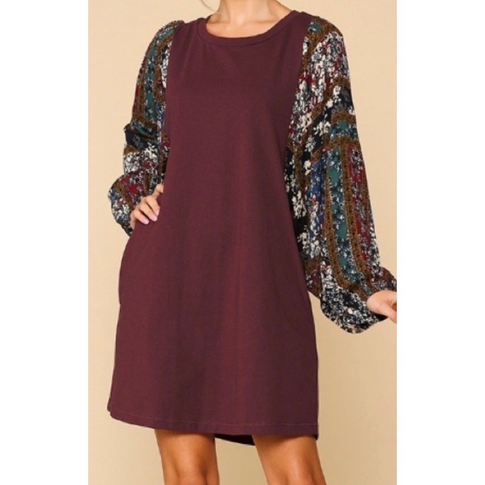 Gigio Tunic Top Women's Small Burgundy Floral Patchwork Balloon Sleeve